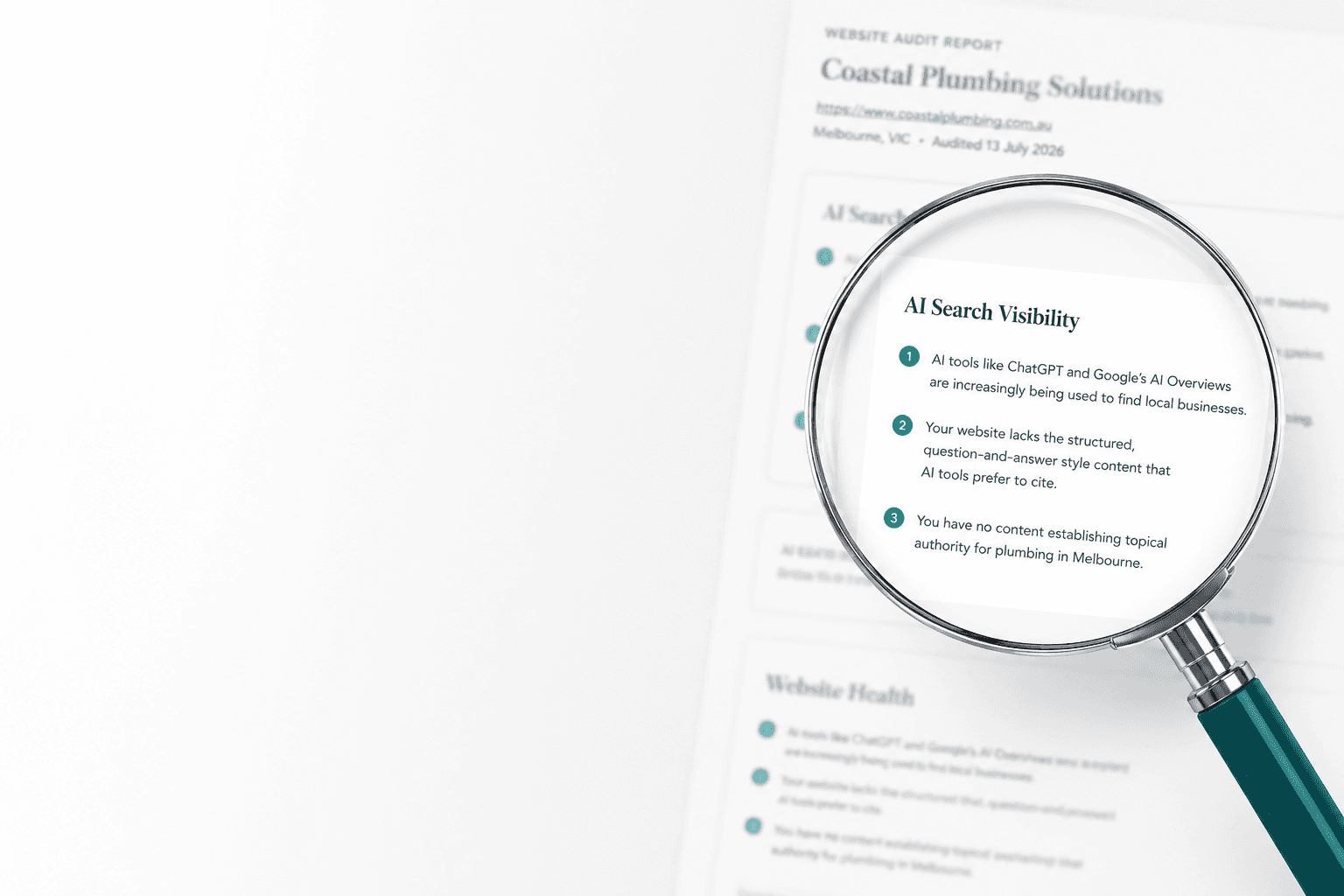 A magnifying glass revealing an AI Search Visibility finding on an AutoVisibility audit report